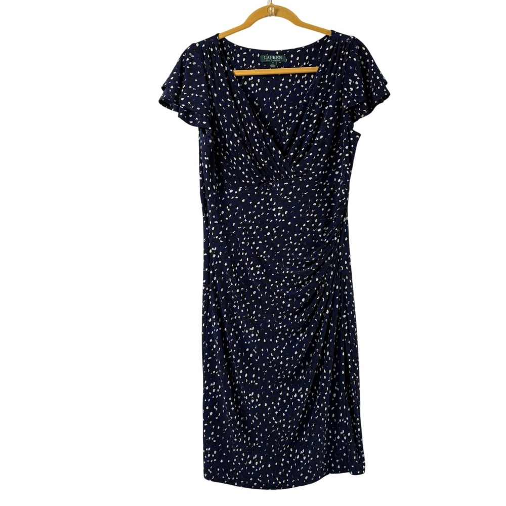 Lauren Ralph Lauren Midi Dress Size 12‎ Blue Black Geometric Ruched V-Neck